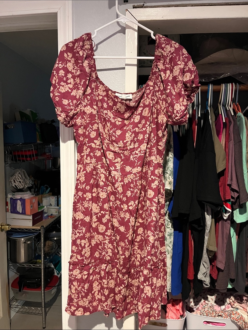 Lucky Brand Burgundy Floral Puff-Sleeve Midi Dress